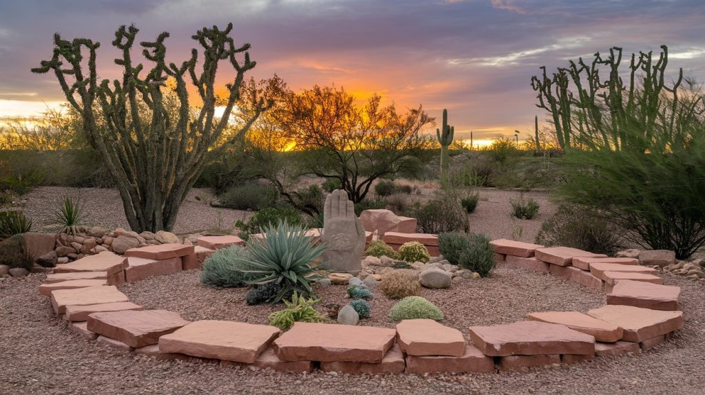 Desert memorial garden with native plants, natural stone seating, sunset light through palo verde trees