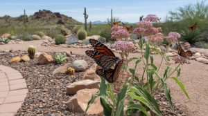 Butterfly garden section of desert memorial space with monarch butterflies on native milkweed