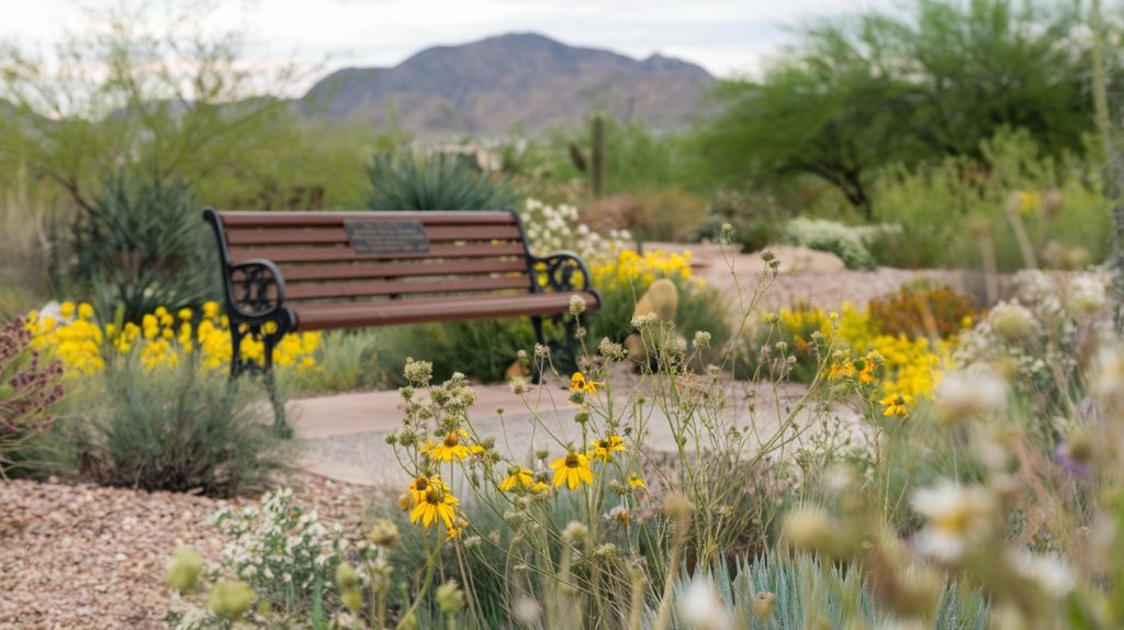 Close-up of desert wildflowers and memorial bench in natural garden setting, Santa Catalina Mountains background