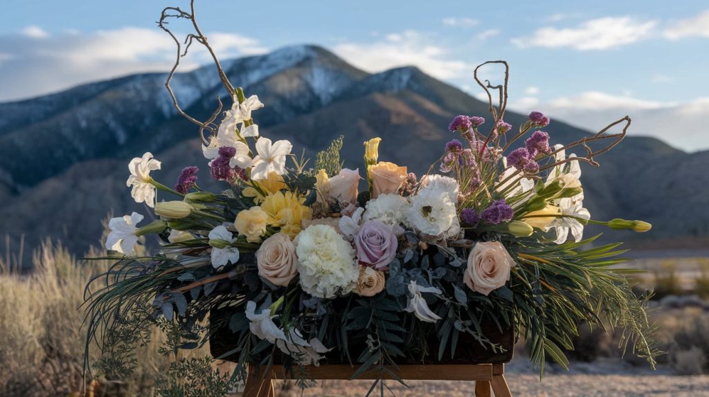 Professional arrangement of winter desert wildflowers and traditional Tohono O'odham funeral flowers, mountain backdrop, morning light