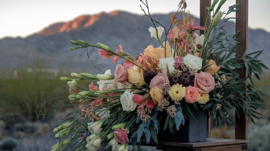 Professional arrangement of winter desert wildflowers and traditional funeral flowers, mountain backdrop, morning light