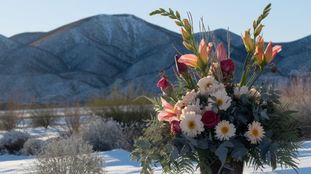 Professional arrangement of winter desert wildflowers and traditional funeral flowers, mountain backdrop at Saguaro National Park, morning light