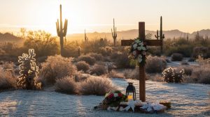 Sunrise memorial service setup in Sonoran Desert, saguaros silhouetted against golden sky, frost on desert plants