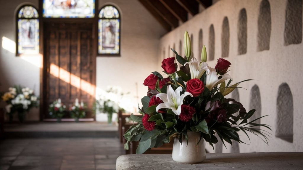 Traditional memorial flower arrangement in historic mission setting, natural light through stained glass - San Xavier del Bac Mission