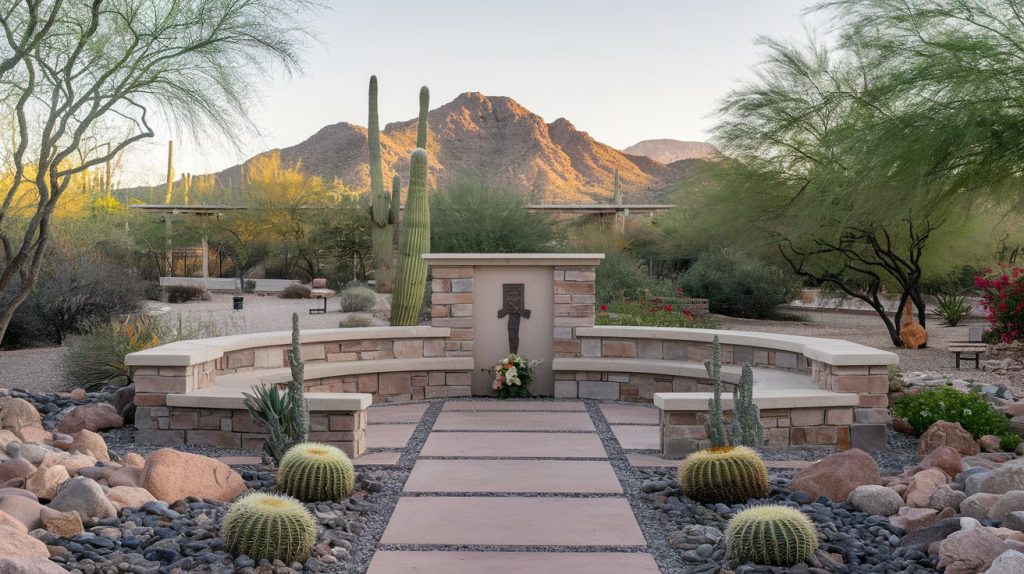 Elegant outdoor memorial seating area with natural desert landscaping, Santa Catalina Mountains in background, winter morning