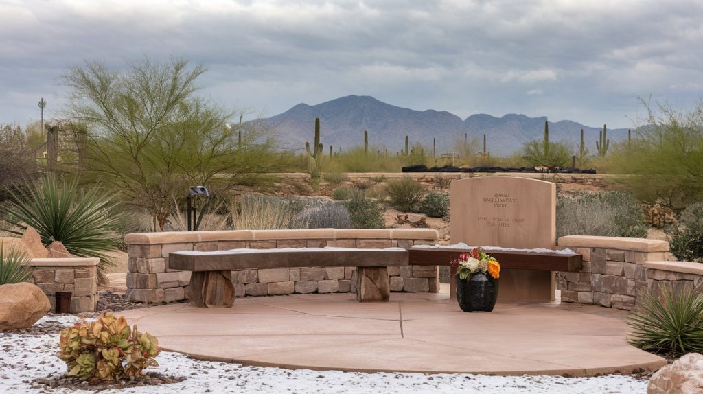 Elegant outdoor memorial seating area with natural desert landscaping, Mountains in background, winter morning - Saguaro National Park Memorial Tribute preparation
