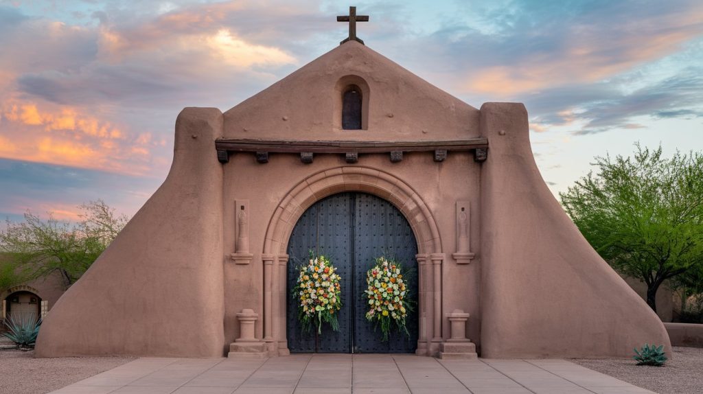 Dawn light on Tucson's San Xavier del Bac Mission doors with classic funeral flower arrangement